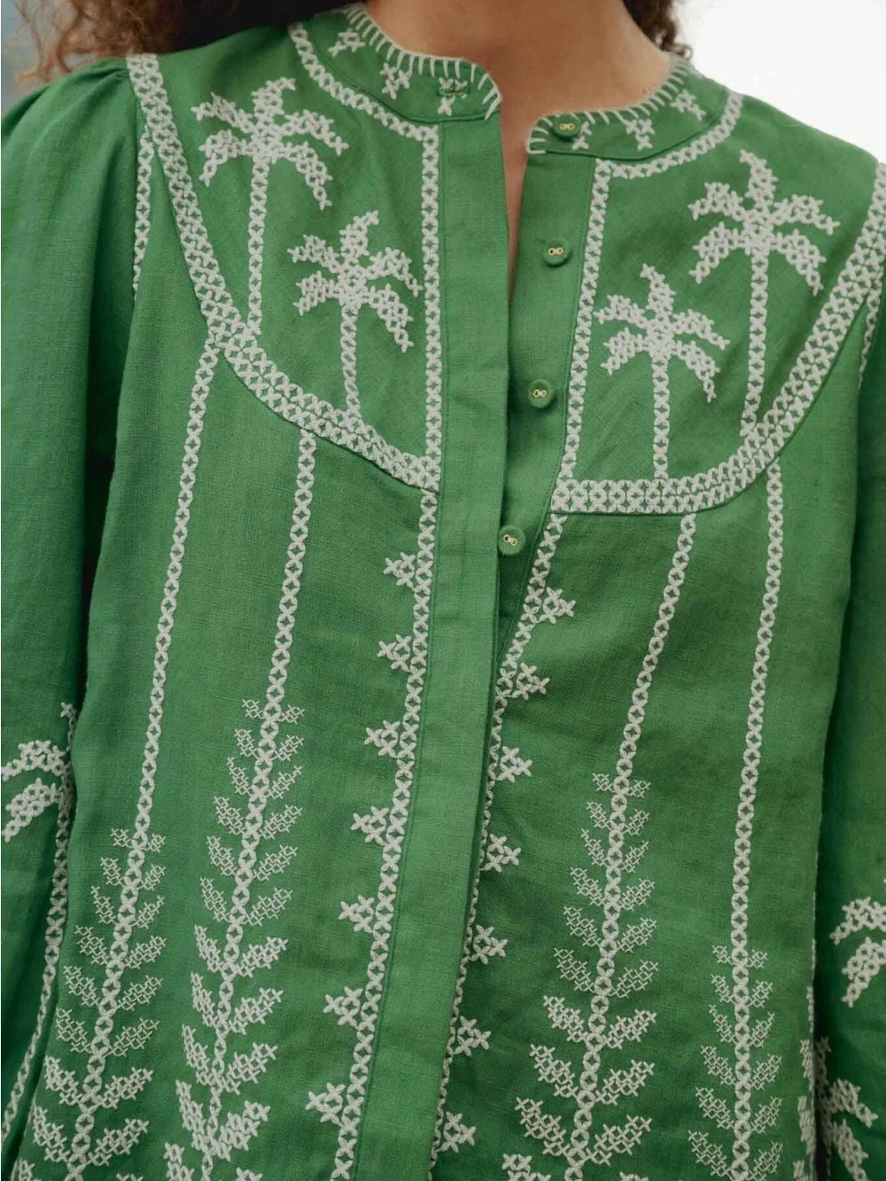 FARM Rio Bicolor Cross Stich Embroidery Blouse Long Sleeve Green XS NWT